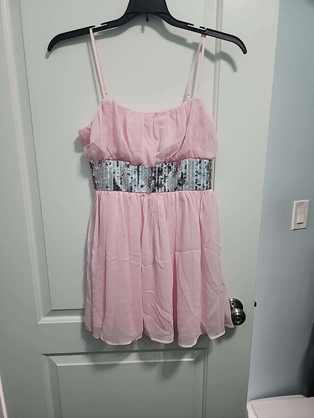 Wet Seal Light Pink Chiffon Mini Dress with Silver Sequin Waist